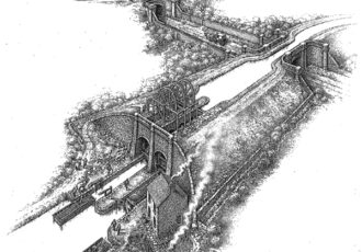 A black and white engraving showing the original canal and boatlift in Nynehead. There are large wheels that are used to pulley the boats up and down.