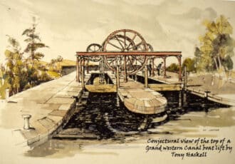 An illustration of a working boat lift. Text reads 'Conjectural view of the top of a Grand Western Canal boat lift bu Tony Haskell'