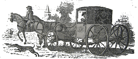An old etching of a horse and cart in black and white