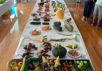 A table full to the brim with several varieties of fruit and vegetables.
