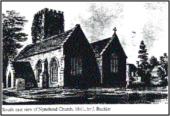 A black and white image of an old church surrounded by trees. The text reads 'South east view of Nynehead Church, 1841, by J.Buckler